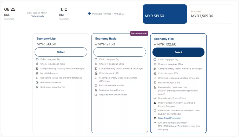 Malaysia Airlines - classes tarifaires