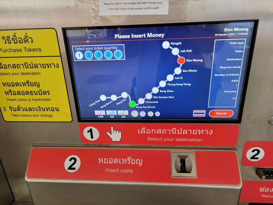 Détail de la sélection des billets (Bang Sue est le terminus de la ligne de l'aéroport)