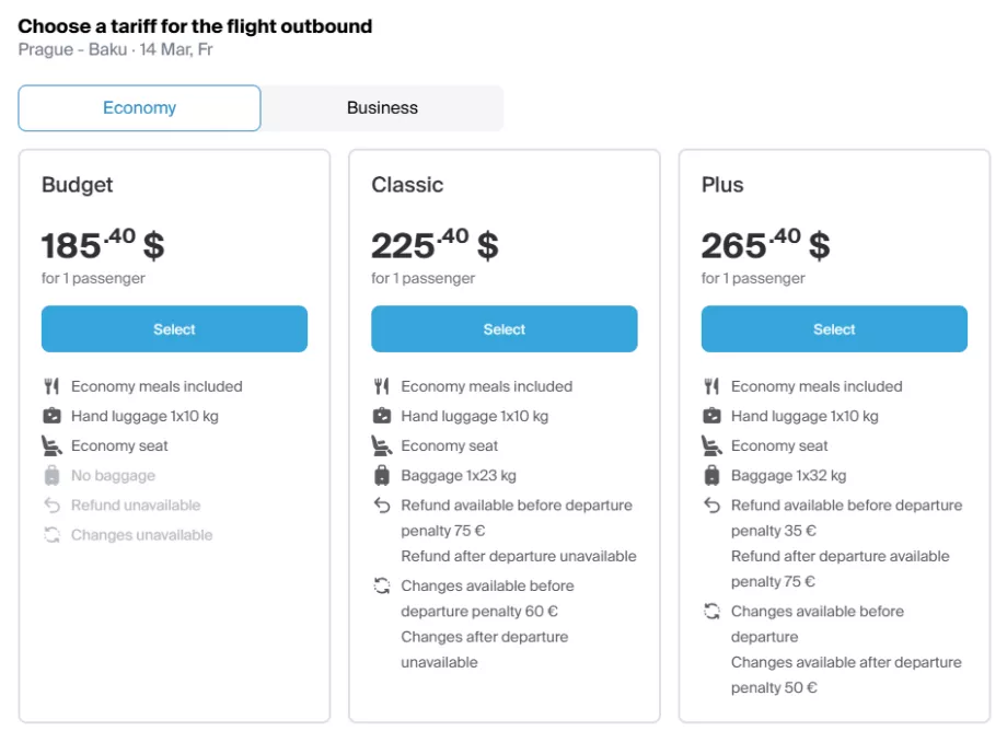 Classes tarifaires d'Azerbaijan Airlines