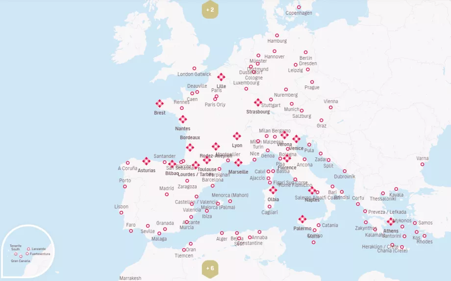 Carte des destinations de Volotea