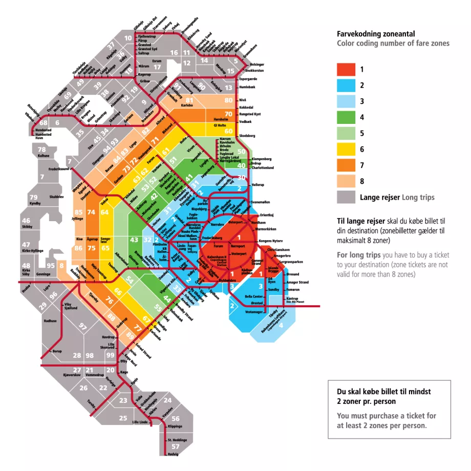 Carte des zones de transport public dans et autour de Copenhague