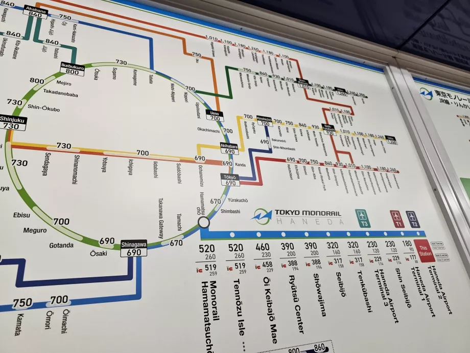 Carte des tarifs du monorail et des trains JR