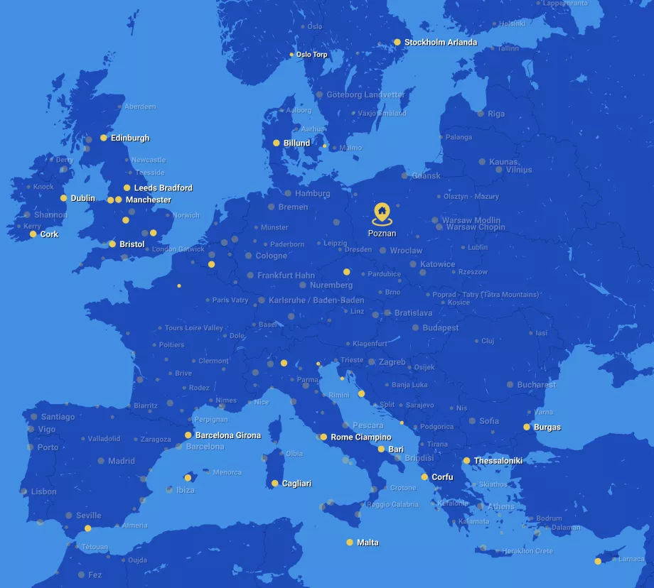 Carte des itinéraires Ryanair au départ de l'aéroport de Poznan POZ